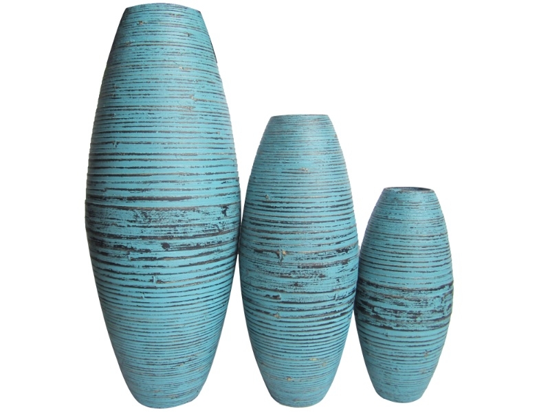 Handcrafted Spun Bamboo Blue Washed Decor Vases - Distressed Ribbed Set of 3